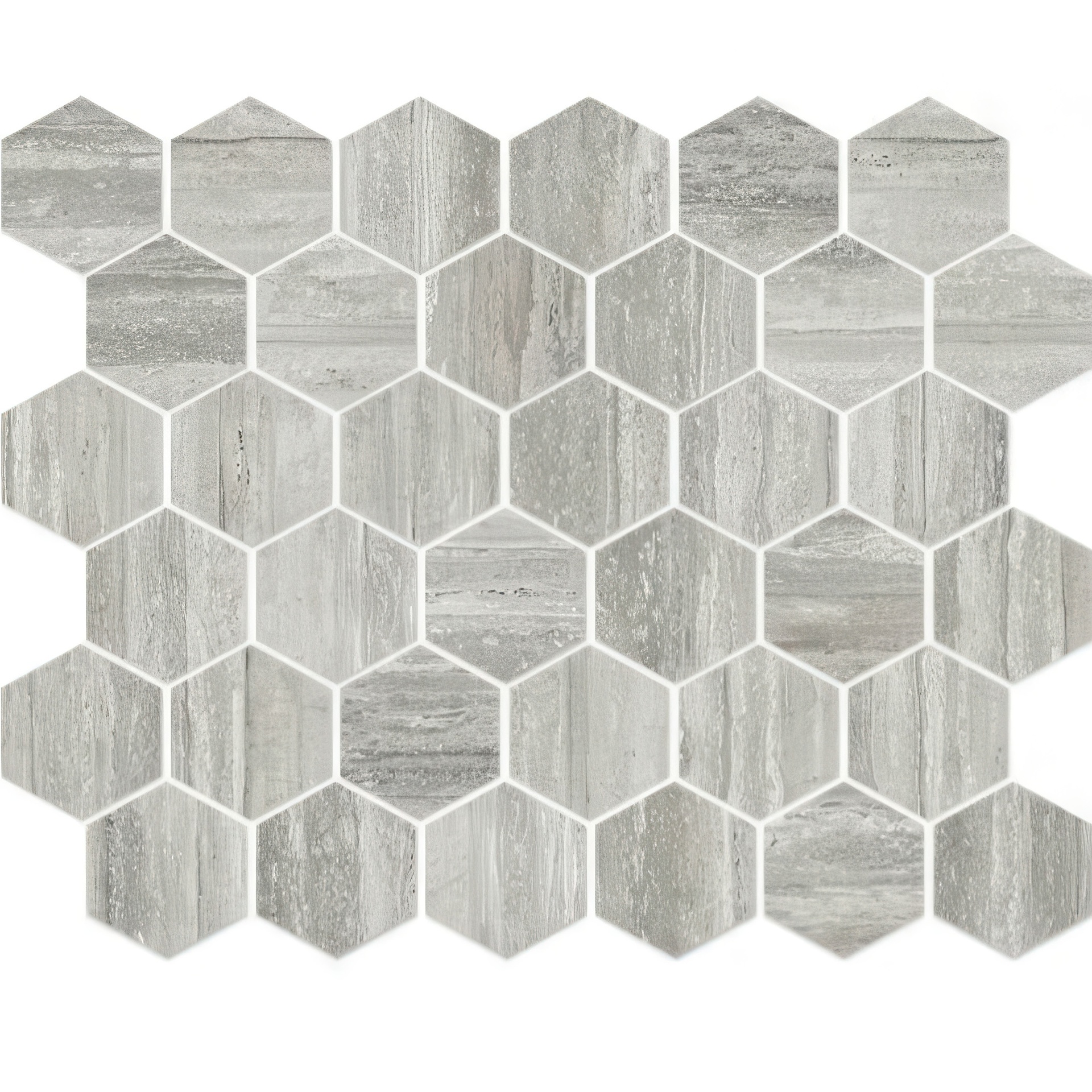 Mozart 2in Hexagon Honed or Polished Marble Look Porcelain Mosaic Tile (Mozart: Travertino Instrata, Polished)