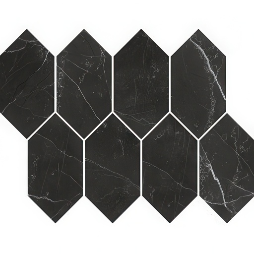 Mozart 3X6 Elongated Hexagon Honed or Polished Marble Look Porcelain Tile (Mozart: Nero Venato, Polished)